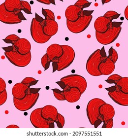 Red womens hat, black and red small circles on pink background, vector pattern