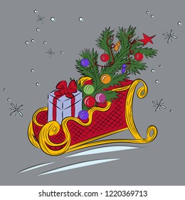 Red wood sleigh of Santa Claus with gift, Christmas tree, Christmas toys, ribbons, star, balls, icicles and snowflakes on gray background. Cartoon style.