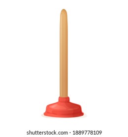 Red wood toilet plunger. House cleaning tools, domestic equipment, repair sink bath clog, household duties, fix kitchen blockage concept. Stock vector illustration in cartoon style isolated on white.