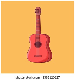 Red wooden acoustic guitar in cartoon style. Flat style on white background.