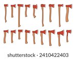Red wooden axe big set. Cartoon vector illustration on white background