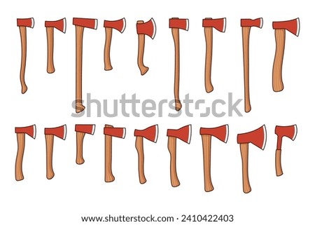 Red wooden axe big set. Cartoon vector illustration on white background