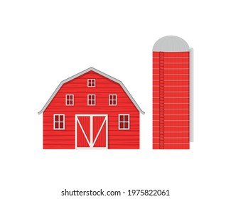 Red wooden barn and agricultural silo for grain storage isolated on white background. American farm buildings front view. Vector cartoon illustration.