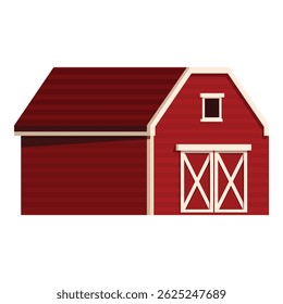 Red wooden barn building with closed double doors and small window, traditional countryside construction for agricultural purpose