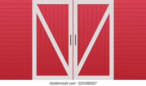 Red wooden barn door front view and farm warehouse building cartoon concept horizontal flat vector illustration.