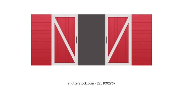 Red wooden barn door front view and farm warehouse building cartoon concept horizontal flat vector illustration.