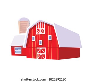 Red wooden barn with grain elevator. Farm buildings. Old barn in the countryside