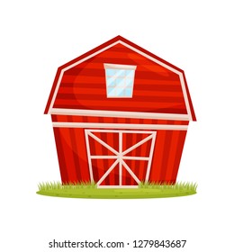 Red wooden barn and green lawn. Large farm building. Rural architecture. Countryside theme. Cartoon vector design