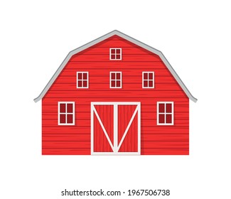 Red wooden barn isolated on white background. Farm warehouse with big door and windows. Front view. Vector cartoon illustration.