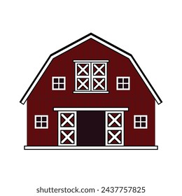 Red wooden barn with open gate and windows. Front view. Vector isolated outline illustration on white background