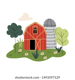 Red Wooden Barn and Silo Tower, Farm Buildings, Rural Landscape Vector Illustration