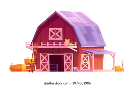 Red wooden barn with triangular gray roof, windows and open doors with white boards isolated rural house. Vector stables, barnyard with gates and hay, barrel. Farmhouse building, shelter warehouse