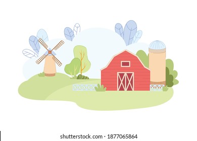 Red Wooden Barn with Windmill on Green Field Vector Illustration in Flat Syle. Wind Mill on Hill. Countryside Landscape Scene. Eco Product Organic Wheat Crop Farming. Agriculture Business