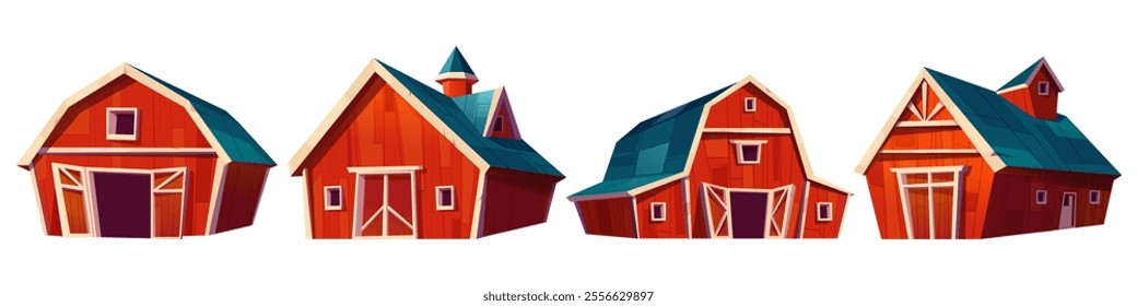 Red wooden barns set isolated on white background. Vector cartoon illustration of rural farm houses with blue roofs and doors, old stable, building for cattle, storehouse for hay, rustic architecture