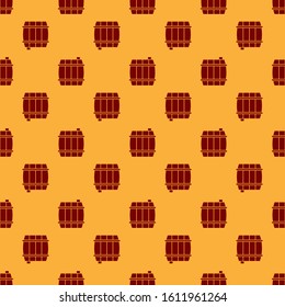 Red Wooden barrel icon isolated seamless pattern on brown background. Alcohol barrel, drink container, wooden keg for beer, whiskey, wine.  Vector Illustration