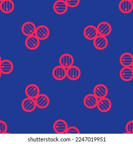 Red Wooden barrel icon isolated seamless pattern on blue background. Alcohol barrel, drink container, wooden keg for beer, whiskey, wine.  Vector
