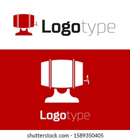 Red Wooden barrel on rack with stopcock icon isolated on white background. Logo design template element. Vector Illustration