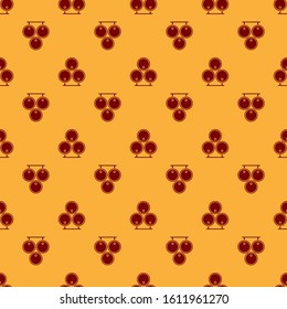 Red Wooden barrels icon isolated seamless pattern on brown background. Alcohol barrel, drink container, wooden keg for beer, whiskey, wine.  Vector Illustration