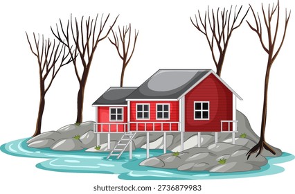 A red wooden cabin sits on stilts over rocks and water with leafless winter trees