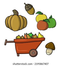A red wooden cart with a harvest, a large pumpkin, apples and mushrooms, a set of vector illustrations in cartoon style