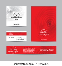Red wooden corporate set of business card, cover, and banner. Abstract vector background for company branding with wooden texture.