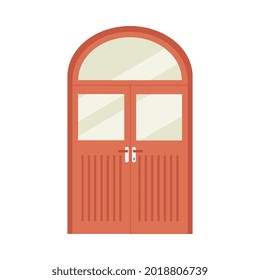 Red Wooden Double Front Door With Round Top And Arched Transom Window Isolated On White Background. Classic Architecture Style Of Doorway, Flat Vector Illustration.