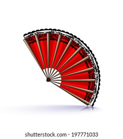 red wooden fan with a black lace