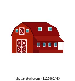 Red wooden farm barn - agricultural building for livestock or equipment in flat style isolated on white background. Colorful vector illustration of rustic warehouse exterior.