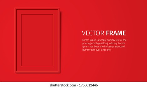 Red wooden frame with Passepartout, hanging on the red wall background. Realistic blank frame mockup, for text or image placement. Empty elegant frame vector template with copy space.