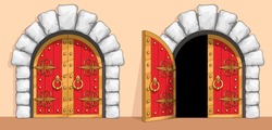 Red Wooden Gates Of A Medieval Ancient Castle Or Fortress. There Is An Arch Of White Stone Around The Door. A Gate Are Decorated With Wrought Iron And Gold. Open And Closed Doors. Vector Illustration.