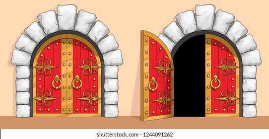 Red wooden gates of a medieval ancient castle or fortress. There is an arch of white stone around the door. A gate are decorated with wrought iron and gold. Open and closed doors. Vector illustration.