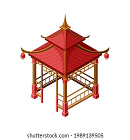 Red Wooden Gazebo in Oriental Style as Asian Architecture Isometric Vector Illustration