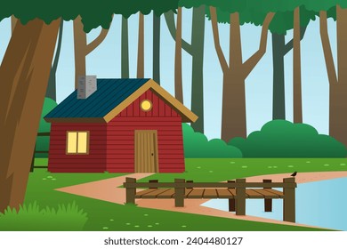 Red wooden house in the forest with river or lake. Forest landscape with cabin vector illustration. Countryside.