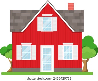 Red wooden house in retro style isolated on white background. Vector, design illustration.