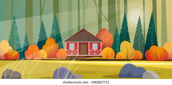 Red wooden hut in the deep fores. Autumn forest landscape. Vector illustration
