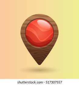 Red wooden map pointers, markers. Vector cartoon elements for web or game design isolated on pastel background.