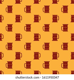 Red Wooden mug icon isolated seamless pattern on brown background.  Vector Illustration