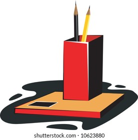 a  red wooden pen stand with pencils	