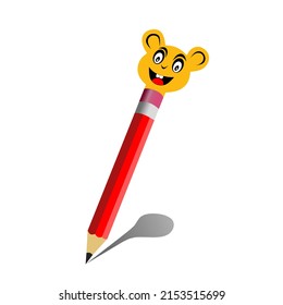 Red wooden pencil graphic vector illustration featuring a fun cartoon bear head design, ideal for kids or creative projects.