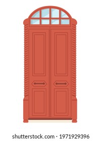 Red wooden retro door with glass vector illustration on white background