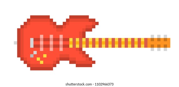 Red wooden six string electirc guitar, pixel art icon isolated on white background. Music store logo. Rock show emblem. Old school 8 bit slot machine pictogram. Retro 80s; 90s video game graphics.