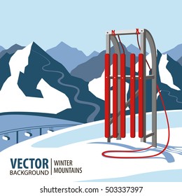 Red wooden sled. Mountains in winter season. Vector background.