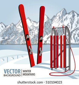 Red wooden sled and ski. Mountains in winter season. Vector background.