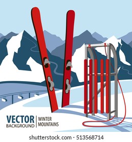 Red wooden sled and ski. Mountains in winter season. Vector illustration.