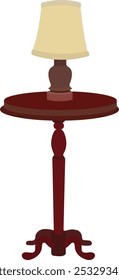 Red wooden table with a table lamp on it. Round tripod vector illustration isolated on white background