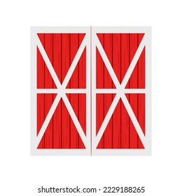 Red wooden warehouse door isolated on white background. Front view. Element of farm building construction. Vector cartoon illustration.