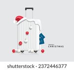 red wool hat or Santa Claus hat draped over white suitcase with Christmas decorations ball hanging from it and passport stuck to side of Luggage for Christmas travel, vector 3d isolated for design