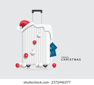 red wool hat or Santa Claus hat draped over white suitcase with Christmas decorations ball hanging from it and passport stuck to side of Luggage for Christmas travel, vector 3d isolated for design