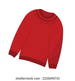 Red wool knitted sweater with decorations for Christmas. Flat illustration of sweatshirt isolated on white background.