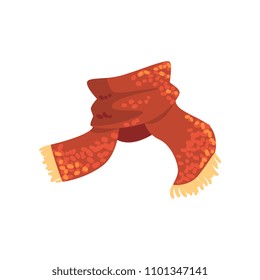 Red wool scarf with yellow fringe on the ends. Warm accessory for autumn or winter weather. Element of garment. Flat vector design